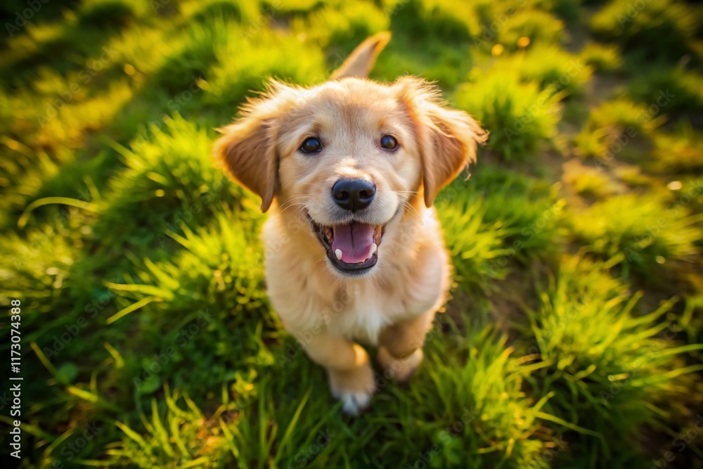 Adorable Golden Retriever Puppy Playing in Lush Green Field - Aerial View Adorable Golden Retriever Puppy Playing in Lush Green Field - Aerial View