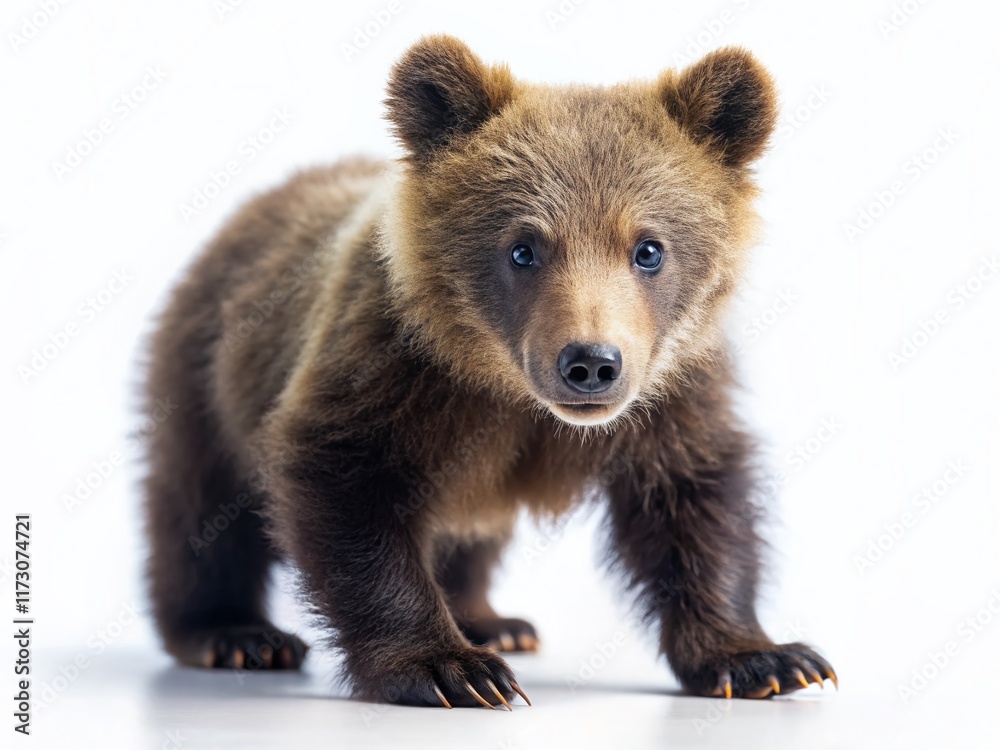 Fototapeta premium Adorable Grizzly Bear Cub Walking, Tilt-Shift Miniature Effect, Isolated on White Background