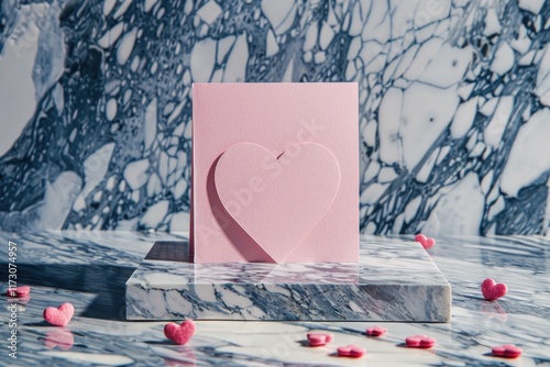 Pink greeting card with heart shape standing on marble table. MZ