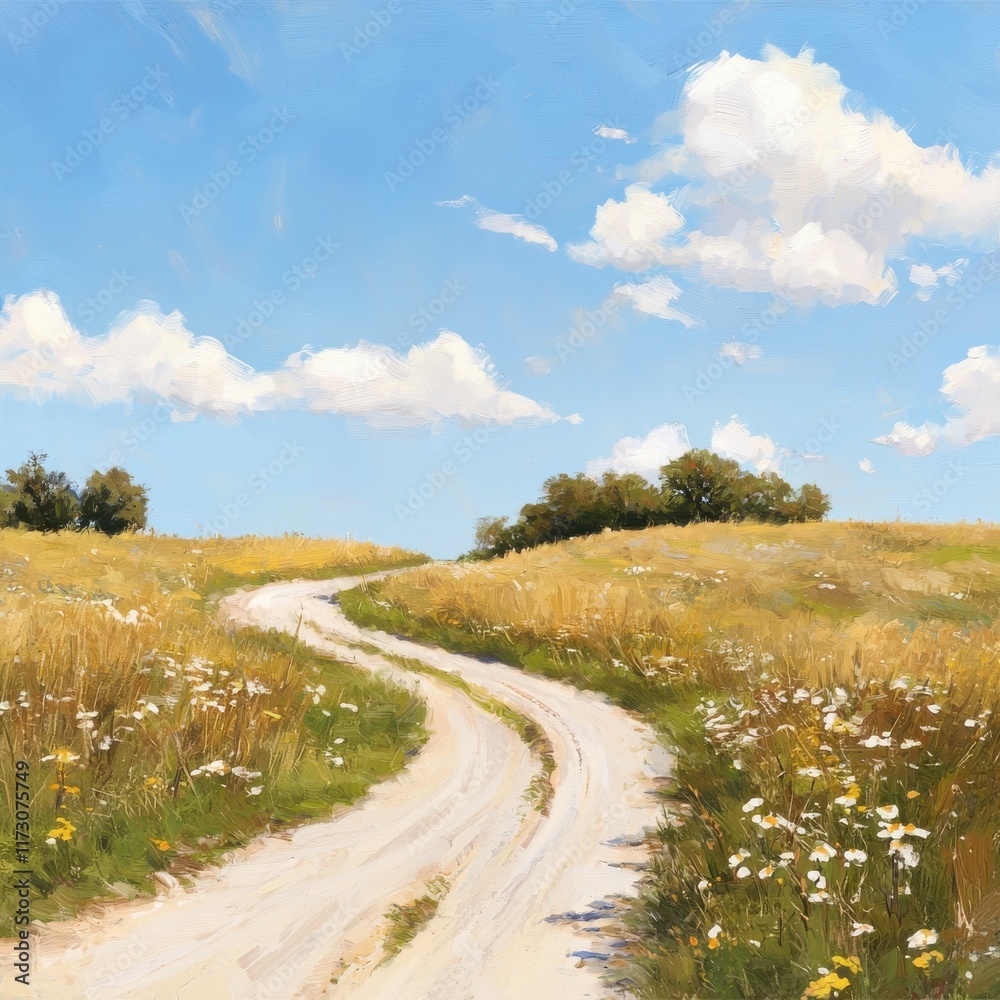 Scenic pathway through lush meadow rural landscape digital art serene environment wide-angle view nature's beauty Scenic pathway through lush meadow rural landscape digital art serene environment wide-angle view nature's beauty