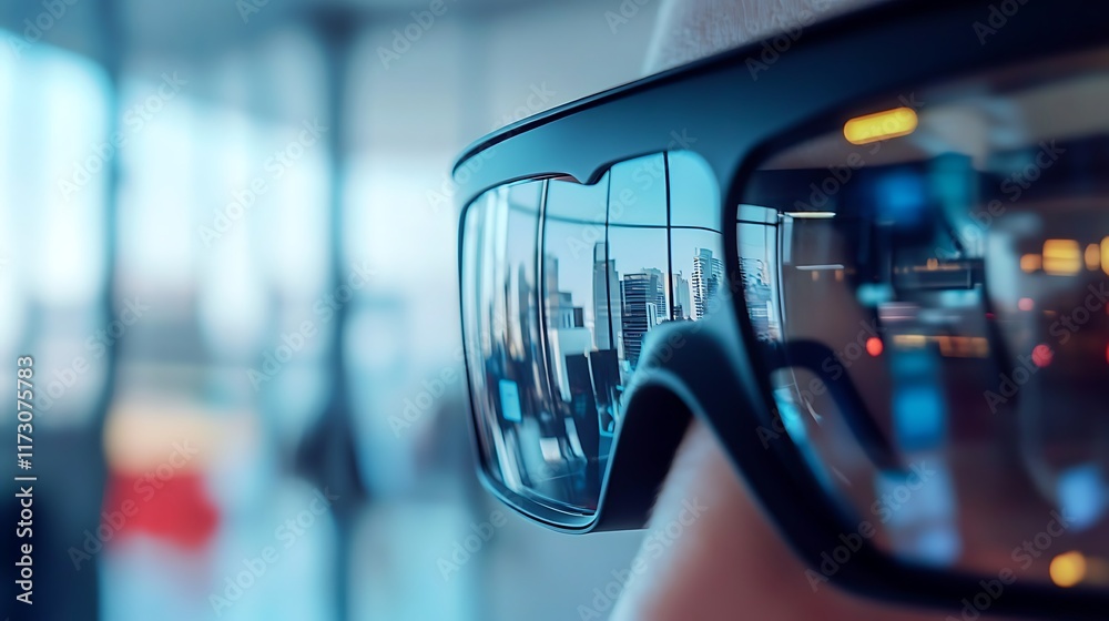 Closeup of wearable tech like a smartwatch or AR glasses being used in a modern office setting Closeup of wearable tech like a smartwatch or AR glasses being used in a modern office setting