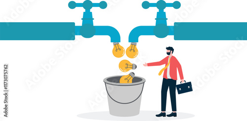 Three taps pour tap water into buckets, This is a set of business illustrations
