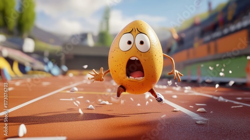 Scared egg character running on a track, pieces of eggshell scattered around.