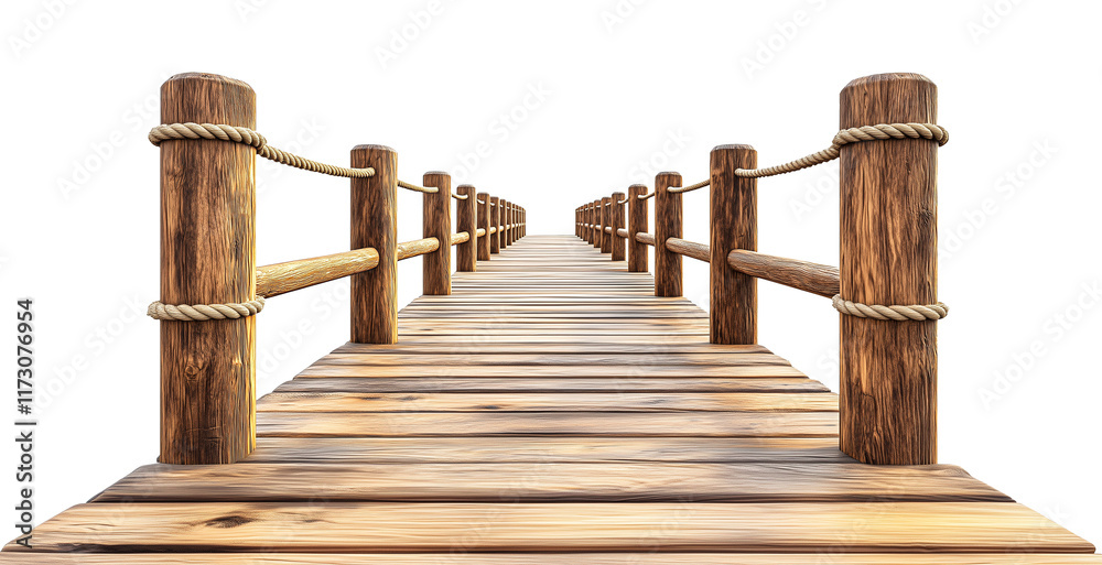 Obraz premium wooden pier, weathered old pine wood boardwalk dock, rope on posts, cutout png