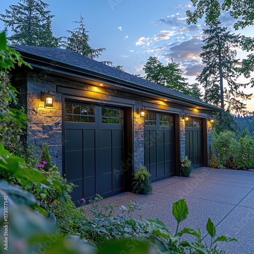 Lit three-car garage at dusk, suburban home, forested hillside view