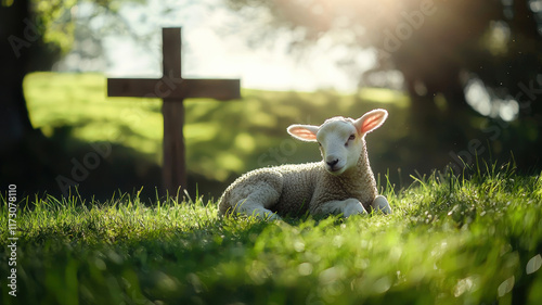 A serene lamb resting in a green pasture, with a wooden cross in the background. A soft halo of light surrounds the lamb, symbolizing innocence, purity, and sacrifice in a peaceful, sacred setting.