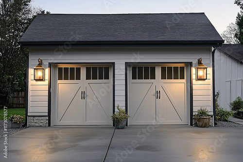 Lit two-car garage at dusk, suburban home background, potential residential use