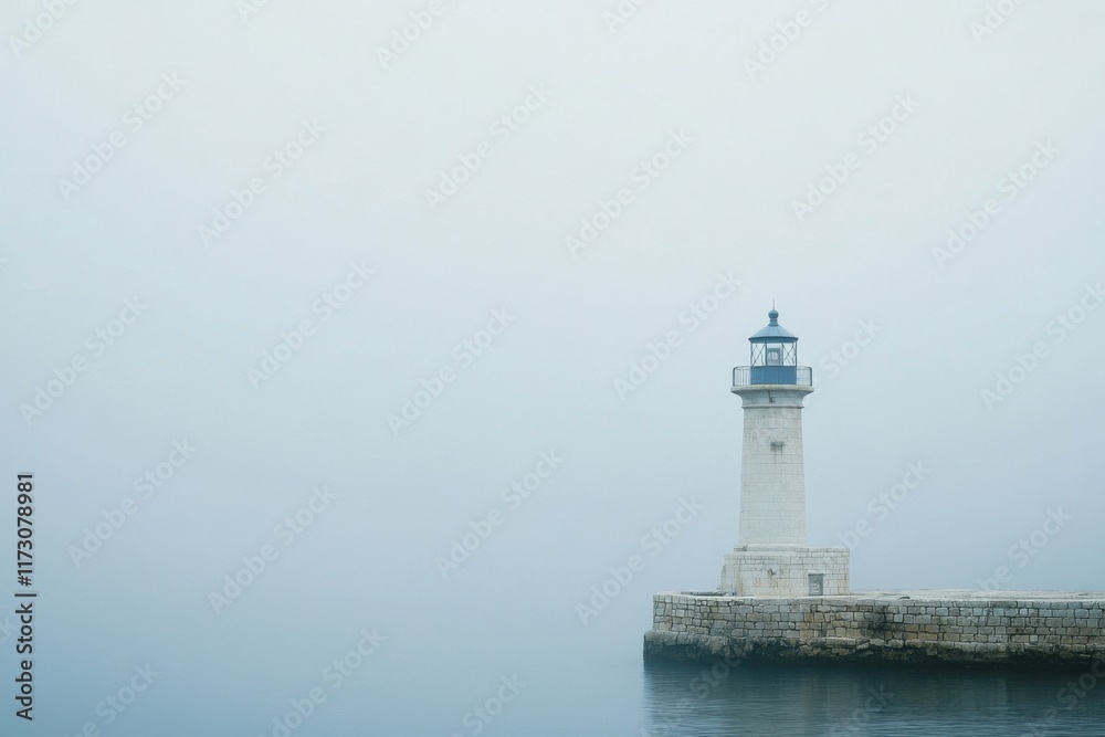 Solitary Lighthouse in Misty Coastal Setting Solitary Lighthouse in Misty Coastal Setting