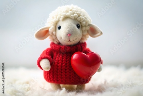 Adorable Sheep in Red Sweater Holds Heart, Tilt-Shift Miniature Photography