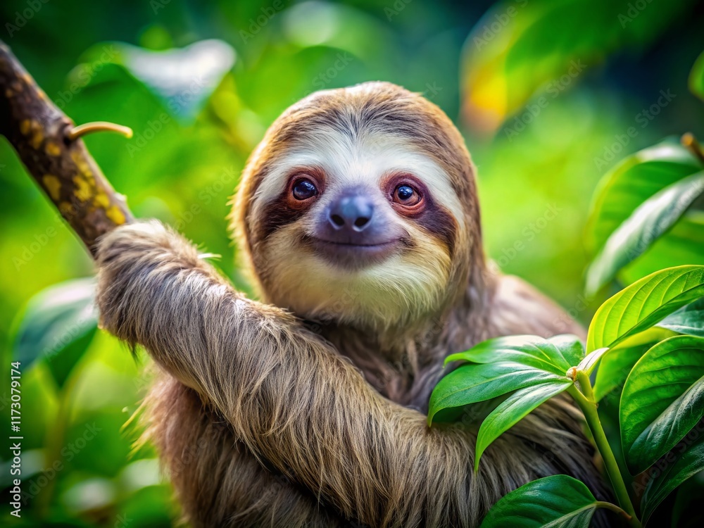 Fototapeta premium Adorable Sloth Hanging on Tree Branch - Long Exposure Wildlife Photography