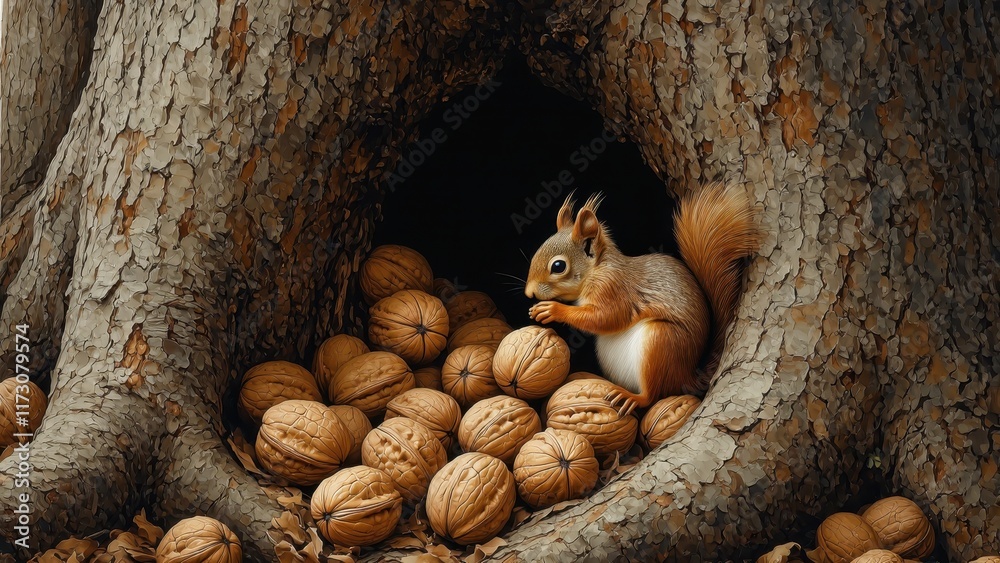 Obraz premium a cute squirrel and nuts inside a tree hollow
