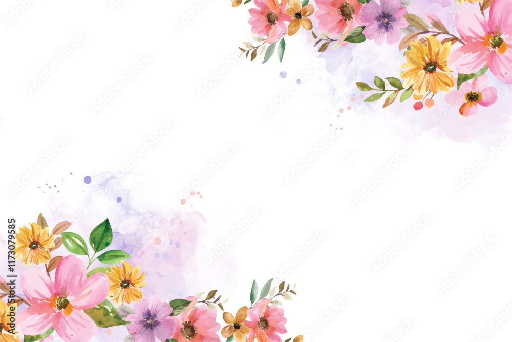 Fototapeta premium Watercolor flowers background for design. Floral border frame card template.
