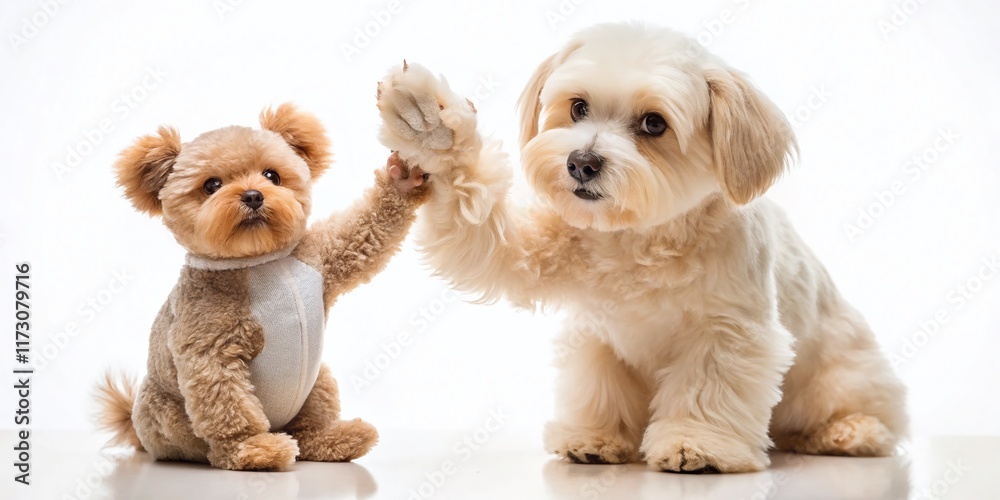 Adorable Teddy Bear High Five with Playful Puppy: Cute Tilt-Shift Stock Photo Adorable Teddy Bear High Five with Playful Puppy: Cute Tilt-Shift Stock Photo