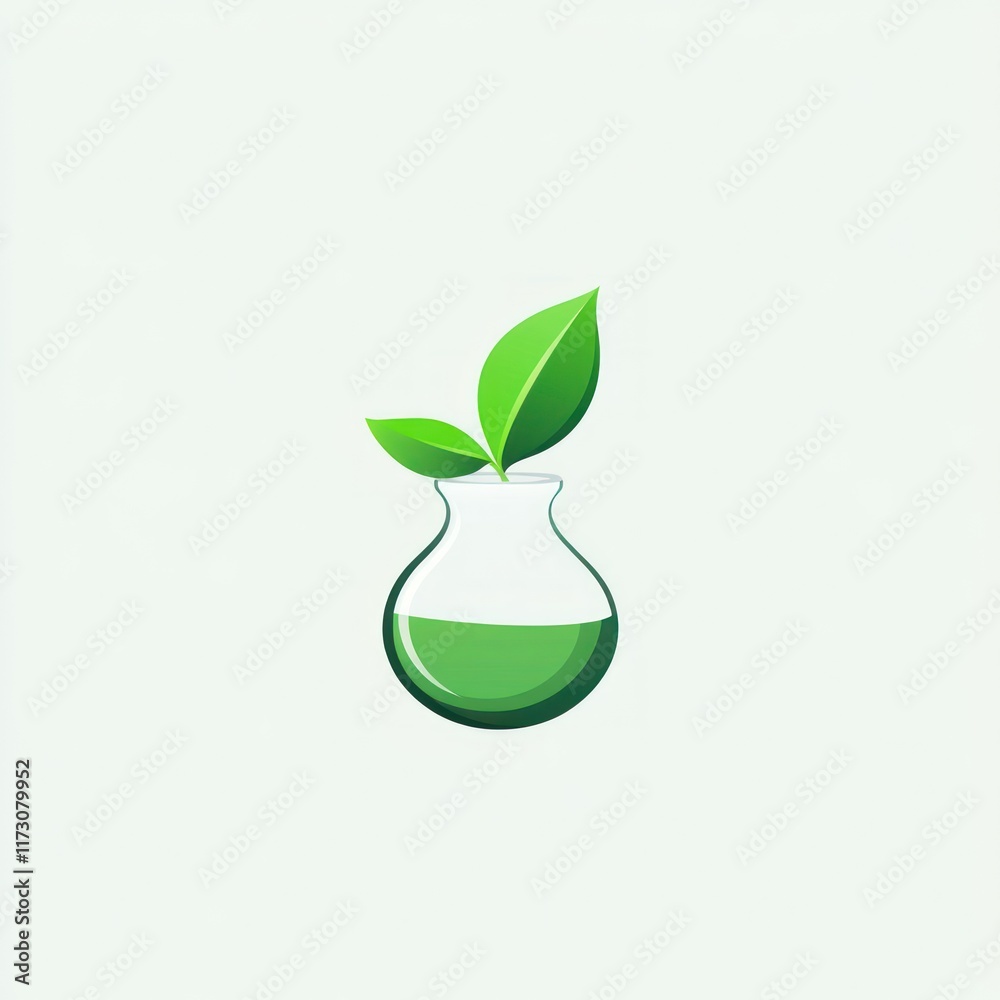 Green leaves sprout from a glass beaker of liquid Green leaves sprout from a glass beaker of liquid