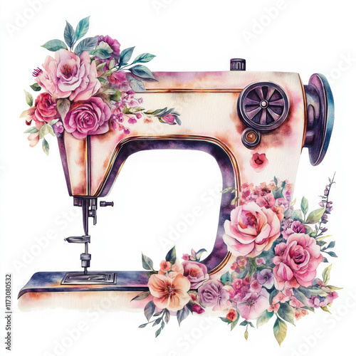 sewing machine decorated with some pink and purple flowers