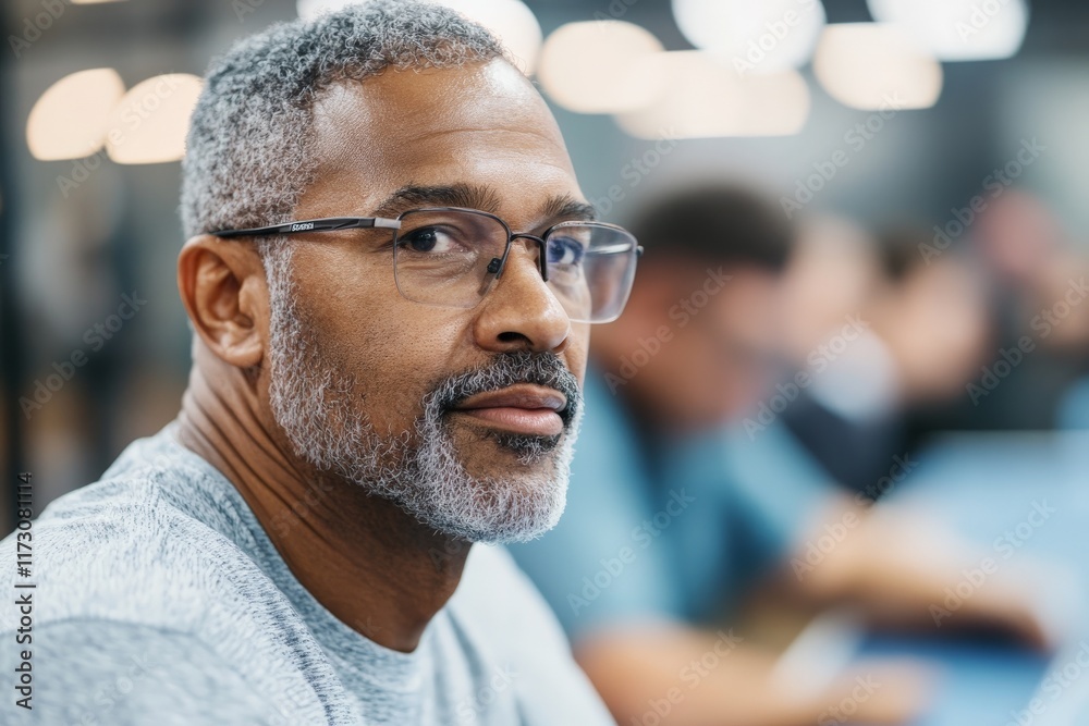 Fototapeta premium Focused man in a modern workspace engaging in a thoughtful activity during a collaborative session