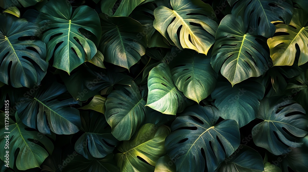 Vibrant green monstera leaves with varied textures and shades. Vibrant green monstera leaves with varied textures and shades.