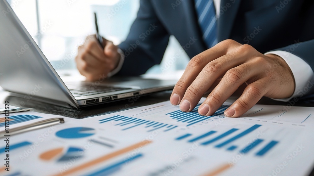 Smiling Businessman Working on Laptop with Charts and Graphs Smiling Businessman Working on Laptop with Charts and Graphs