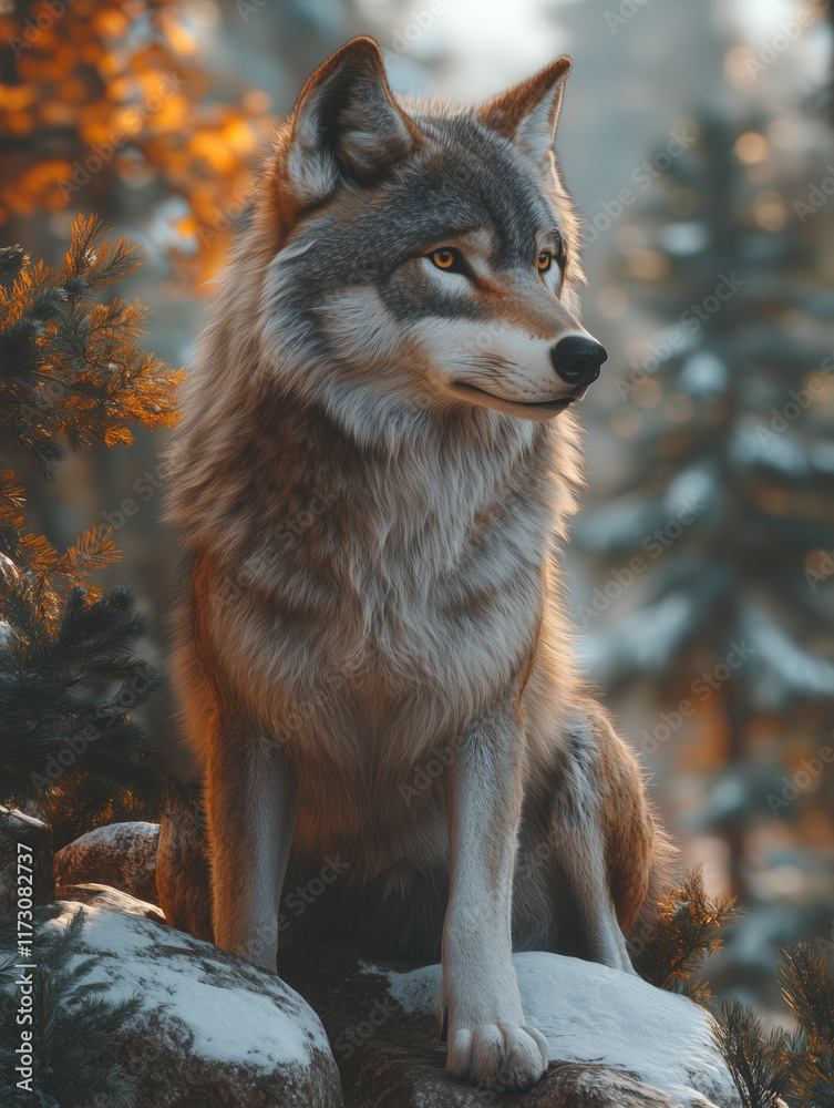 Fototapeta premium Portrait of wolf in the forest at sunset.