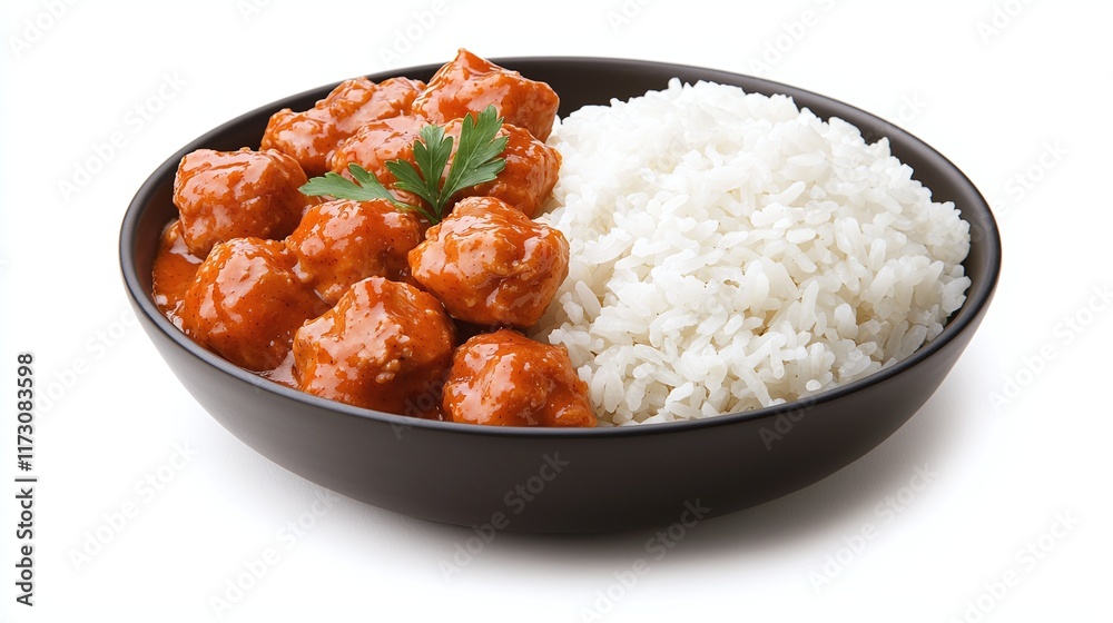 Delicious meatballs in a savory sauce served with fluffy white rice in a dark bowl. Delicious meatballs in a savory sauce served with fluffy white rice in a dark bowl.