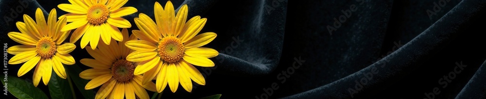 A bouquet of bright yellow daisies placed on a black velvet cloth, flower arrangement, modern decor, textile art A bouquet of bright yellow daisies placed on a black velvet cloth, flower arrangement, modern decor, textile art