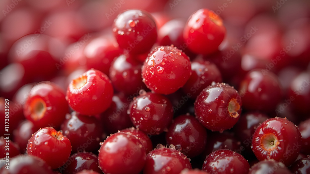 Fresh and plump cherries displayed in a vibrant pile with droplets of water on their surface Fresh and plump cherries displayed in a vibrant pile with droplets of water on their surface