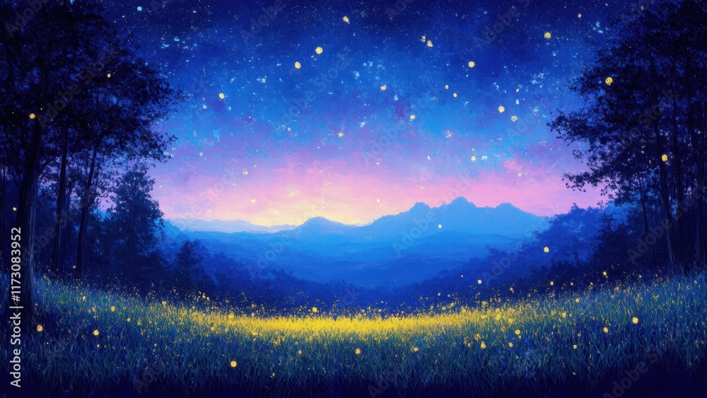 Naklejka premium enchanting scenery with a starry sky, mountains and a glittering beautiful forest