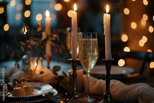 Romantic candlelight dinner table setup for couple with beautiful light as background. Man & Woman hold glass of Champaign. Concept for valentine's day and date. MZ photo