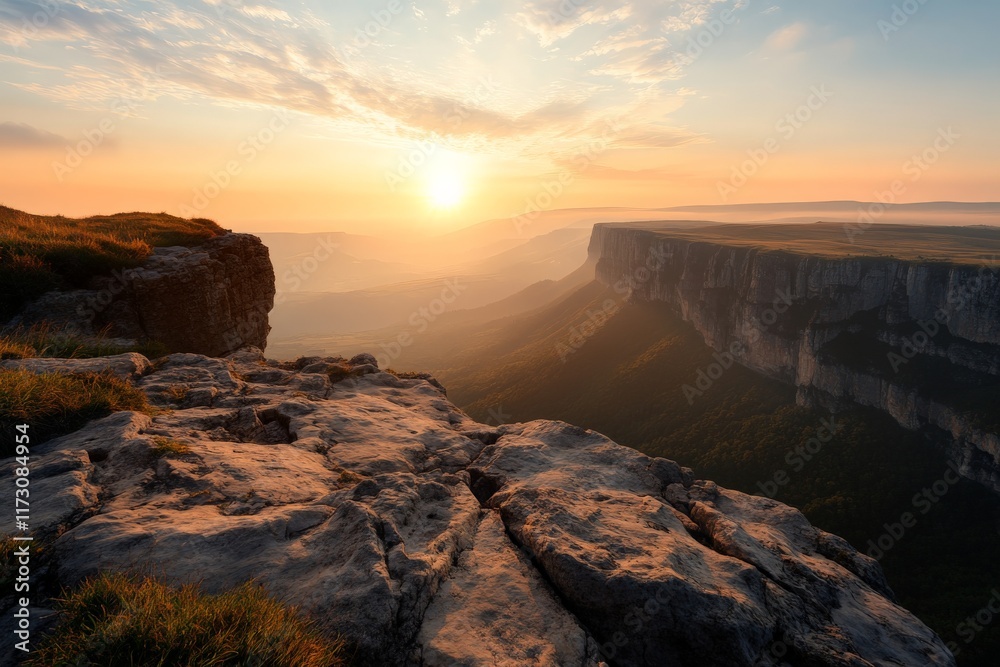 Fototapeta premium Breathtaking sunset over rocky cliffs with a panoramic view of the valley below