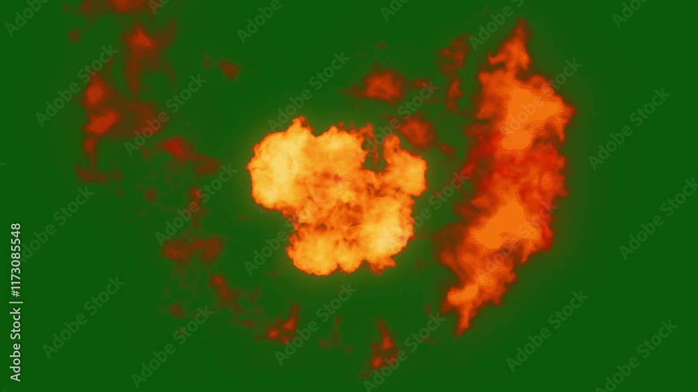 Bomb Explosion footage emitting fire. Black smoke cartoon explosion fire, with green screen.