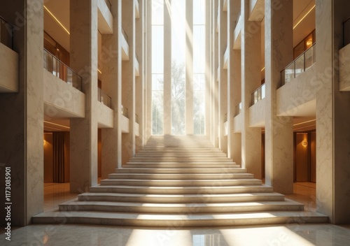 Modern architectural interior showcasing grand staircase with natural light