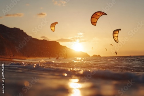 Sun sets over kitesurfers gliding along the ocean in a serene beach landscape at dusk