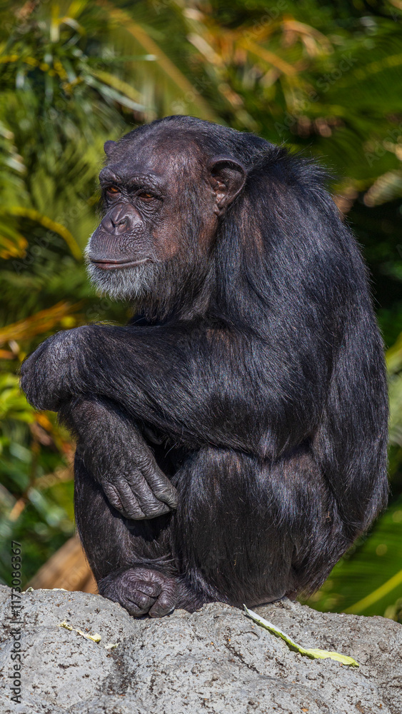 座るチンパンジー 動物園 日本 和歌山 座るチンパンジー 動物園 日本 和歌山