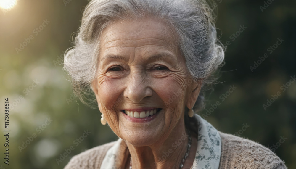 Smiling older woman enjoys a sunny afternoon in a garden, highlighting joy and warmth in her expression Smiling older woman enjoys a sunny afternoon in a garden, highlighting joy and warmth in her expression