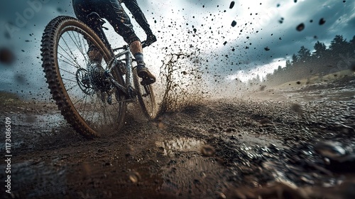 Mountain biker splashing through mud puddle on trail.