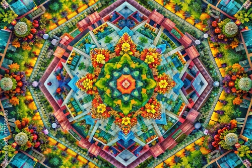 Aerial View Abstract Geometric Kaleidoscope: Colorful Chromatic Patterns in Odyssey of Shapes