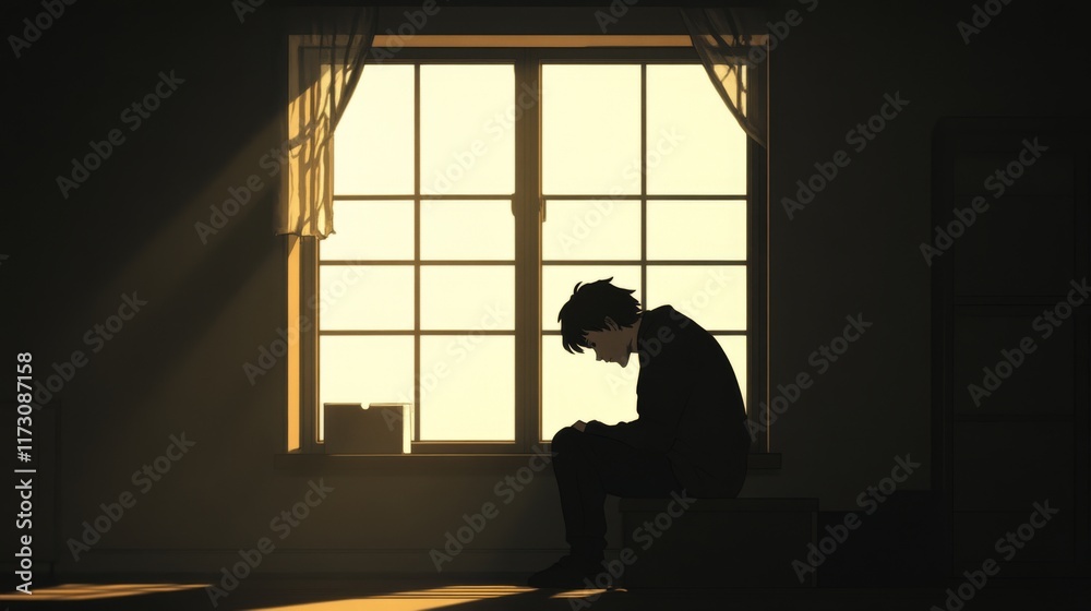 Silhouette of a person sitting by a window, sunlight streaming in, feeling somber and reflective. Silhouette of a person sitting by a window, sunlight streaming in, feeling somber and reflective.