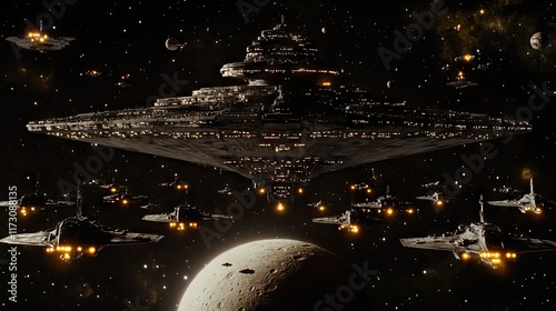 Fototapeta Naklejka Na Ścianę i Meble -  A futuristic space scene featuring a large mothership surrounded by smaller spacecraft and planets.
