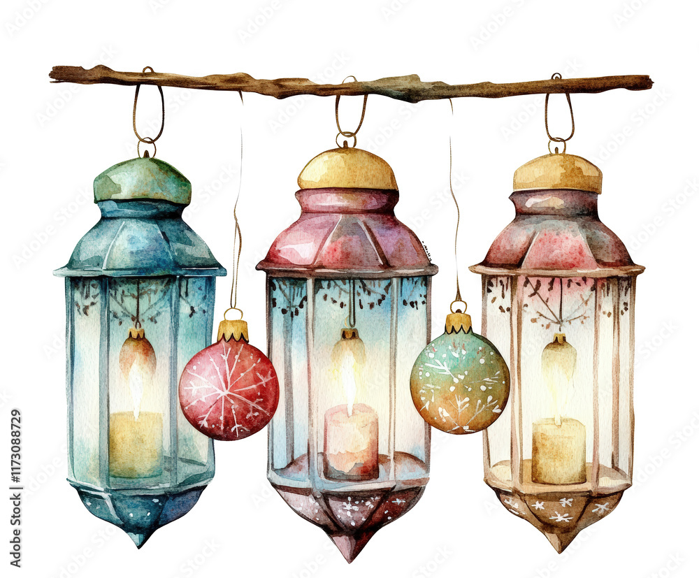 Obraz premium Three colorful lanterns hanging from a branch with a lit candle in each one. The lanterns are decorated with Christmas ornaments and the candles are lit. The scene is warm and inviting