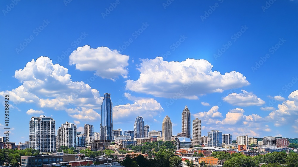 Fototapeta premium Downtown skyline on a clear day with modern skyscrapers and urban landscape.