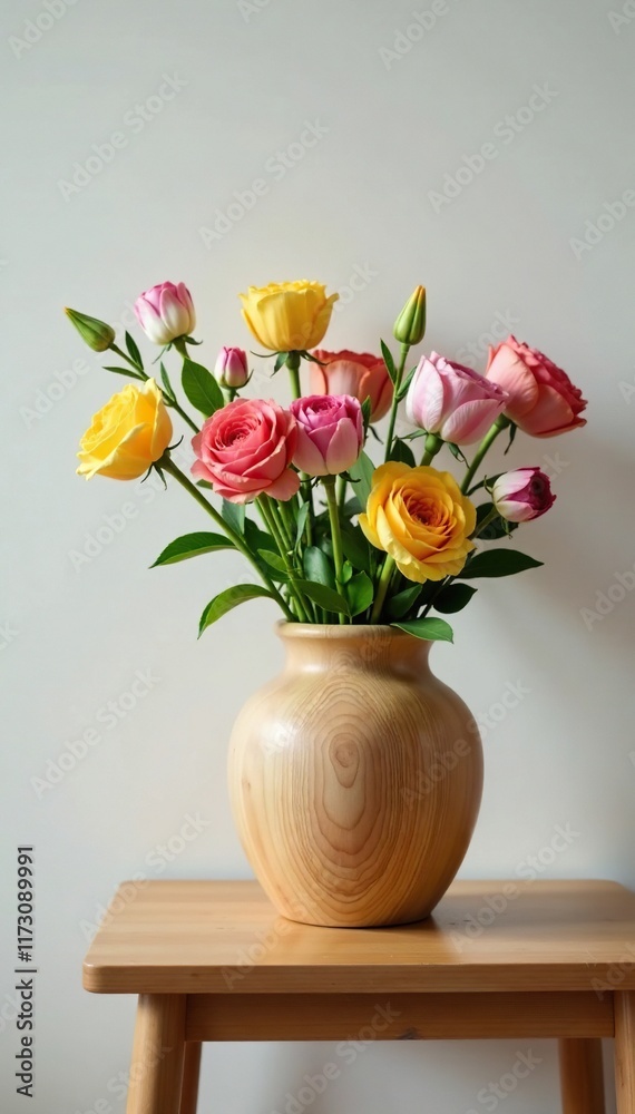 Fresh flowers in a wooden vase on a simple wooden table with a small floral arrangement, vase, table Fresh flowers in a wooden vase on a simple wooden table with a small floral arrangement, vase, table