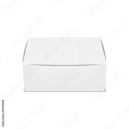 Paperboard takeout food box. 3d mockup. Blank white take away paper container packaging. Realistic vector mock-up. Takeaway fast food snack package. Take out disposable lunch box. Template for design