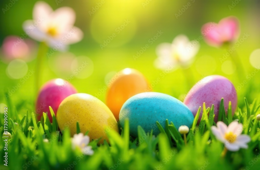 Easter eggs sit in grass with flowers in the background Easter eggs sit in grass with flowers in the background
