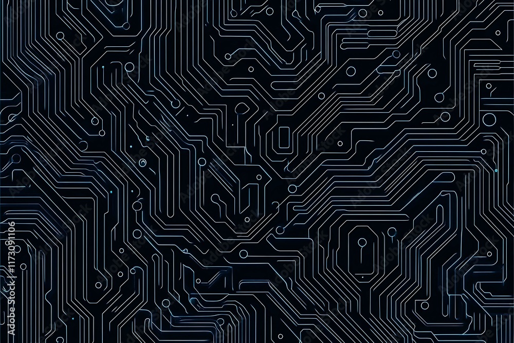 Abstract close-up of a glowing blue digital circuit board, showcasing intricate connections and technological design on a black background.
