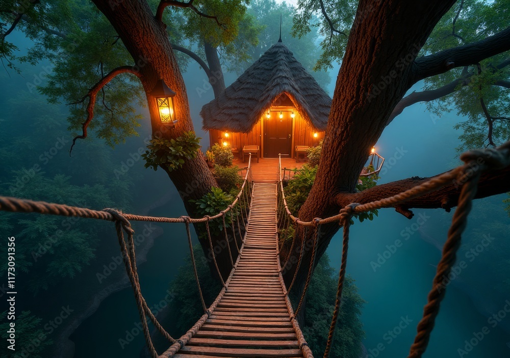 Enchanting treehouse retreat with a bridge nestled in misty forest setting Enchanting treehouse retreat with a bridge nestled in misty forest setting