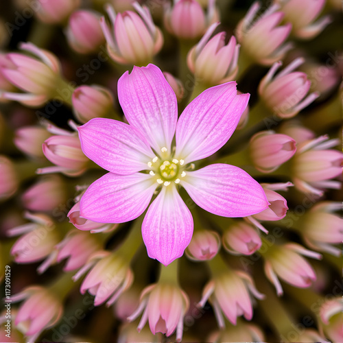 Close-up of a pink flower of Lampranthus spectabilis, the creeping ice plant from the family Aizoaceae, which originally comes from South Africa. Top view photo