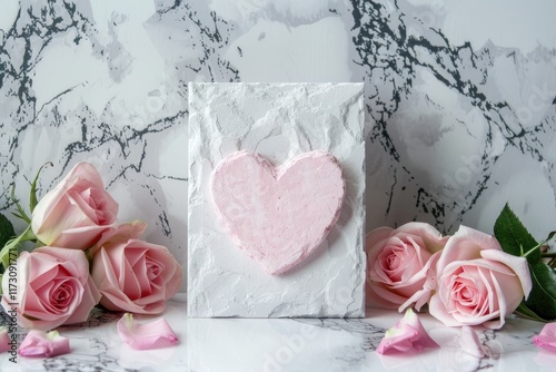 Pink greeting card with heart shape standing on marble table. MZ