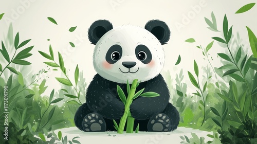 Adorable Cartoon Panda with Bamboo in Lush Green Forest Scene