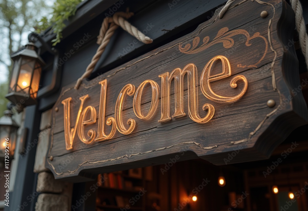 Obraz premium Wooden welcome sign with lanterns and warm lighting