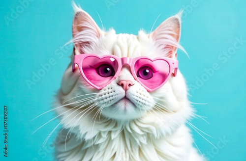 A white fluffy cat wearing pink glasses with a heart-shaped frame on a blue background. Close-up, place for text, background. For pet stores, veterinary clinics, and animal lovers.
 photo